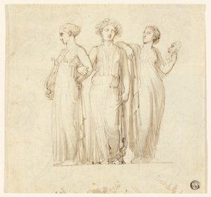 Drie Muzen (recto); Studie van Ridder en Monnik voor een Illustratie in een Gotische Roman (verso) door Thomas Stothard