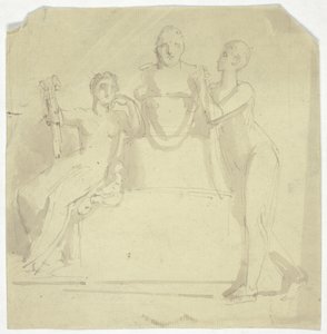 Twee vrouwelijke figuren met een buste door Thomas Stothard