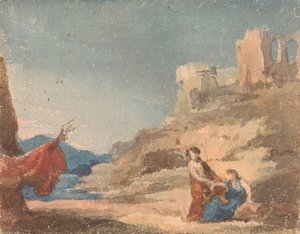 Figuren tussen ruïnes op een heuvel
