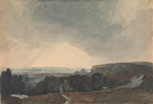 Landschapsscene vanaf heuveltop, kijkend in zonovergoten vallei