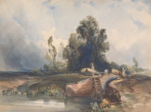 Landschap met kanaal en sluis; figuren bij de sluis door Thomas Sully