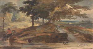 Landschap met heuvel met bomen, figuur te paard door Thomas Sully