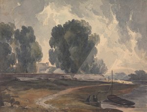 Landschap met bomen en meer met figuren en boot door Thomas Sully