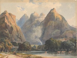Berglandschap met stroom, koeien en figuren