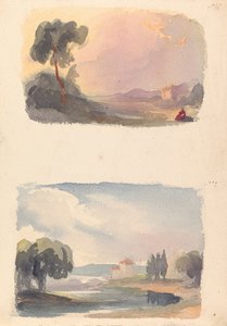 Twee Tekeningen op Eén Blad: Landschap met Bergen in de Verte en Zittende Figuren op de Voorgrond (nr. 1); Landschap met Rivier en Gebouw, Bergen in de Verte (nr. 2)
