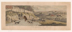 Meute foxhounds jaagt een ree een poel in door Thomas Sutherland