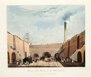 Ingang van de Spoorweg bij Edge Hill, Liverpool (handgekleurde gravure)