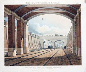 Gezicht genomen van onder de Hampstead Road Bridge, kijkend naar het station op Euston Square, 1837 door Thomas Talbot Bury