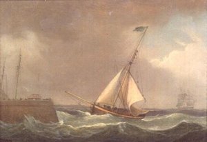 Een Oostindiëvaarder voor anker door Thomas Whitcombe