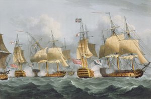 Lord Howe in de Queen Charlotte, doorbreekt de Vijandelijke Linie, 29 mei 1794, gegraveerd door Thomas Sutherland voor J. Jenkins