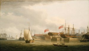 Scheepswerven aan de Theems (Engeland), in Redriff, tegenover de toren van de Sint-Annakerk in Limehouse