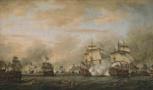 De slag bij de Saintes, 12 april 1782. HMS Barfleur valt het Franse vlaggenschip Ville de Paris aan door Thomas Whitcombe