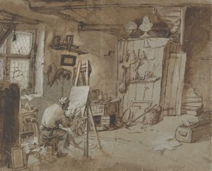 Een schilder aan het werk in zijn atelier door Thomas Wijck