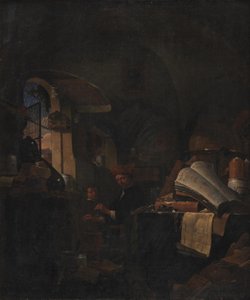 Een alchemist in zijn laboratorium door Thomas Wijck