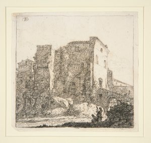 Landschap met ruïnes, met een visser door Thomas Wijck