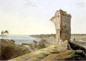 Uitzicht vanaf de ruïnes van het fort van Currah, aan de rivier de Ganges, plaat XXI uit deel 4 van 