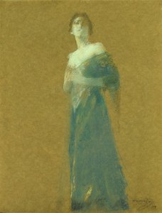Vrouw in blauw door Thomas Wilmer Dewing