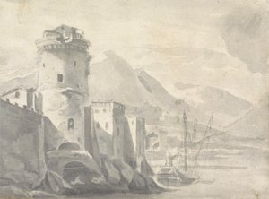 Versterkte Gebouwen die Steil Oprijzen van een Rivieroever (in Italië?) met Boot in het Midden en Verre Bergen door Thomas Wyck