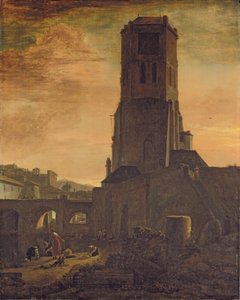 Wasvrouwen aan de voet van een toren door Thomas Wyck