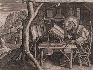 Sint Evagrius Ponticus verdiept in zijn studies, ets en burijn door Thomas de Lieu (1560-1612)