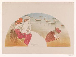 Twee vrouwen en een kind aan zee door Théophile Alexandre Steinlen (signed by artist)
