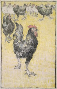 Haan, gevolgd door zwarte en witte kippen door Théophile Alexandre Steinlen