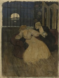 Heer in rok tracht een twijfelende dame op een sofa te overreden door Théophile Alexandre Steinlen