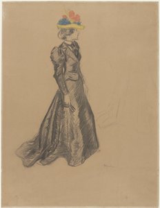 Staande dame in zwart complet met sleep, en een gekleurde strooien hoed met zomerbloemen door Théophile Alexandre Steinlen