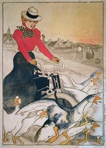 Vrouw op gemotoriseerde velocipede en groep ganzen