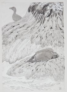 Een eidereend en een dode vogel aan de oever door Thorolf Holmboe