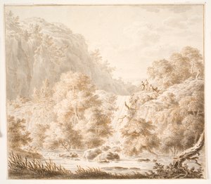 Berglandschap met bomen en waterval, en drie figuren