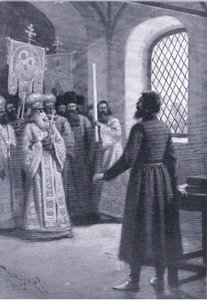 Boris Godunov in retraite in het klooster smeekte om zijn verkiezing tot tsaar te aanvaarden, illustratie uit Landmarks in European History gepubliceerd door Gresham Publishing Co, ca. 1920 (litho)