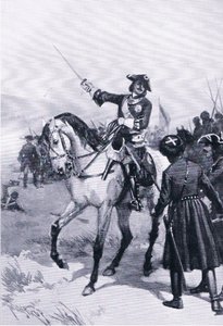 Peter de Grote in de slag bij Pultowa, illustratie uit Landmarks in European History gepubliceerd door Gresham Publishing Co, ca. 1920 (litho) door Thure de Thulstrup