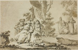 Figuren in oosterse kleding in een landschap door Tiberius Dominikus Wocher