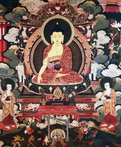 Boeddha zittend tussen zijn twee grote discipelen Cariputra en Maudgalyayana, scènes uit het leven van Boeddha Sakyamuni, Tibetaanse beschaving door Tibetan School