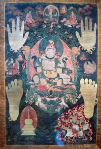 Gnya-Khri btsan-Po, legendarische eerste koning van Tibet, reïncarnatie van bodhisattva Avalokitesvara, een van de tijdelijke en spirituele leiders van Tibet, schilderij op doek, Tibetaanse beschaving door Tibetan School