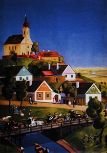 Het typische Hongaarse dorp, illustratie uit een toeristenbrochure, ca. 1930-40 door Tibor Polya