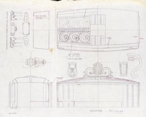 Een tekening van ontwerp voor een Tiffany & Co. expositie middelpunt en twee drie-armige kandelabers, gemaakt voor de Wereldtentoonstelling van 1939, ca. 1939 door Tiffany and Company