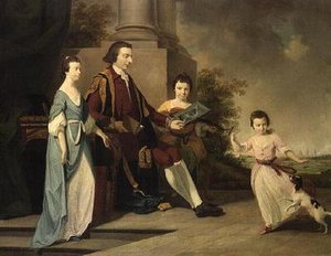 Thomas Noel, 2e Burggraaf Wentworth, zittend met zijn drie zussen, Judith, Elizabeth en Sophia, op terras met Oxford op de achtergrond