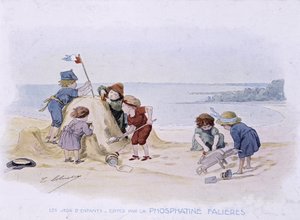 Kinderspelen: kinderen bouwen een zandkasteel - tek. door Lobrichon, ed. door Phosphatine Falières, ca. 1920