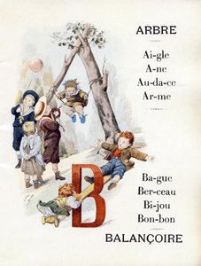 Letters A en B die kinderen voorstellen die schommelen, eind 19e eeuw