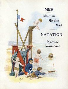 Letters M en N die kinderen op het strand voorstellen, eind 19e eeuw door Timoleon Marie Lobrichon