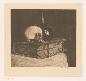 Stilleven met schedel en bijbel door Titia Heukers (signed by artist)