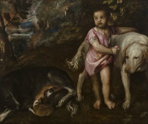 Jongen met honden in een landschap