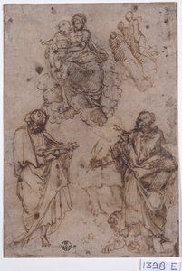 Madonna en Kind zittend op wolken met heiligen of apostelen