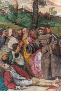 Sint Antonius hecht de voet van een jonge man weer aan, School van de Heilige (detail)