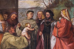 De baby die de onschuld van de moeder verkondigt, de noordelijke muur, School van de Heilige, (detail) door Titian (c.1488 1576)