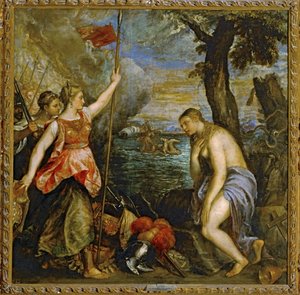 De religie geholpen door Spanje ... (schilderij op doek)