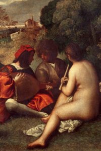 Het concert in de open lucht. Muzikanten op het gras, vrouwen zijn naakt. Detail. Schilderij toegeschreven aan Tiziano Vecellio, bekend als Titiaan (1485-1576) of Giorgio da Castelfranco, bekend als Giorgione (1476/1478-1510). Dim. 1,05 x 1,36 m. Parijs, M