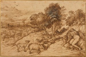 Een bosrijk landschap met een naakte vrouw, haar hoofd bedekt door een mantel door Titian (c.1488 1576)